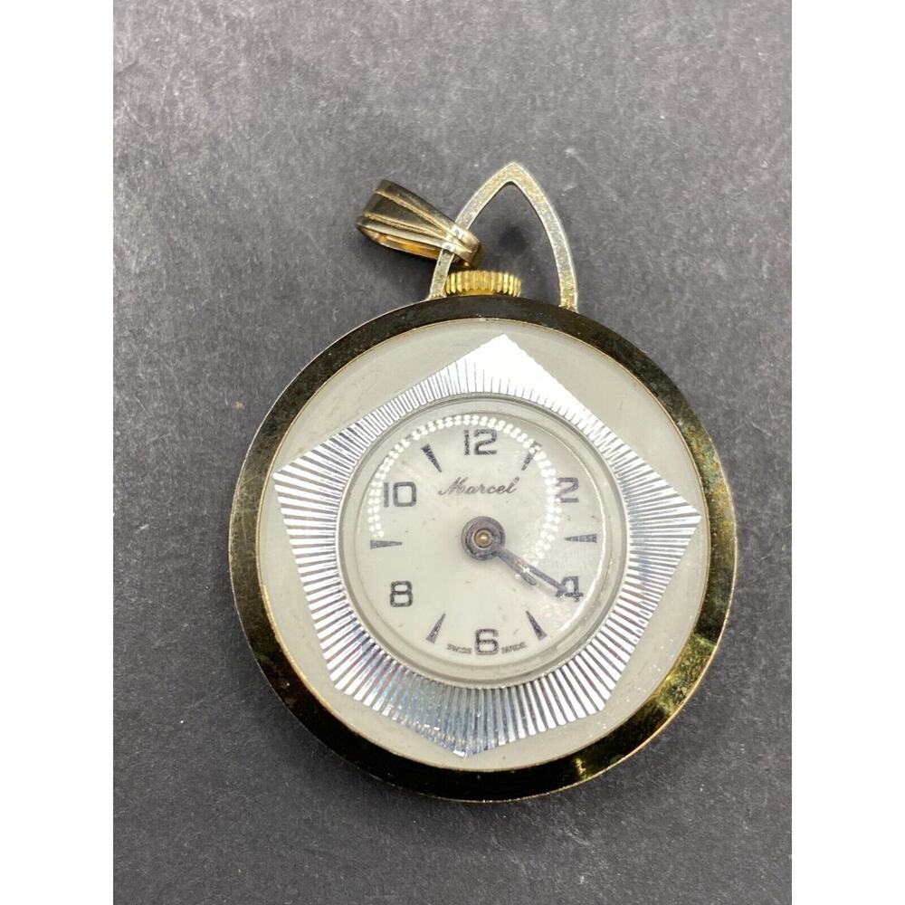Vintage Marcel Swiss Made Wind Up Pendant Pocket Watch Gold Tone Old White Dial